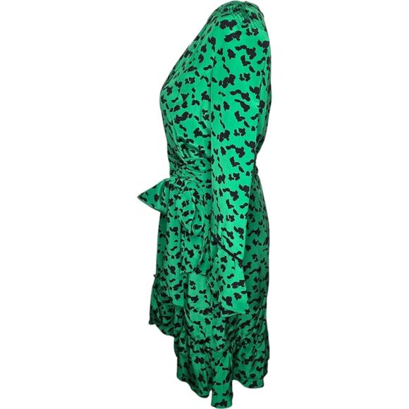 Tonya Taylor Nomi Wrap Ruffle Silk Dress Green Leopard Print Size 8 - Picture 4 of 14